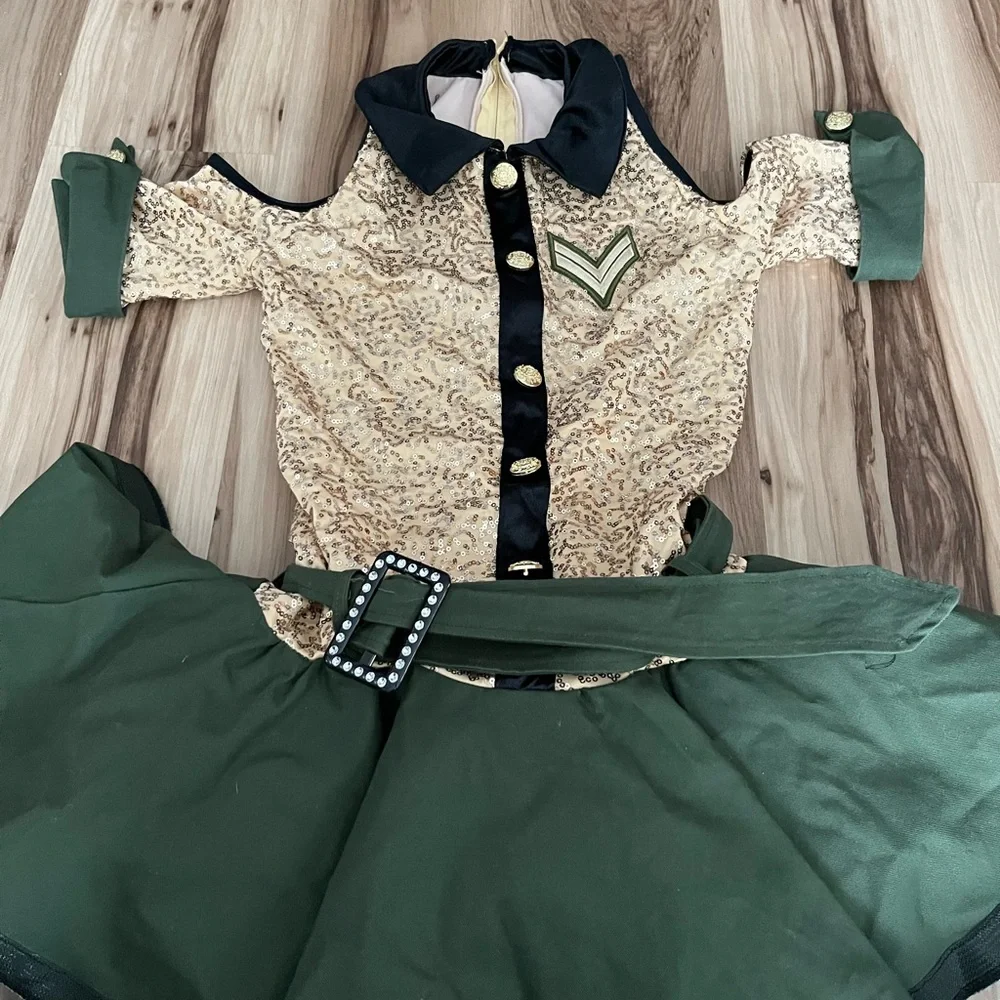 Weissman Gold Sequin and Olive Green Cold-Shoulder Dance Dress